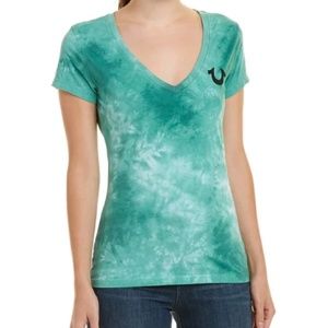 True Religion Green Tie-Dye Classic V-Neck Short Sleeve Shirt